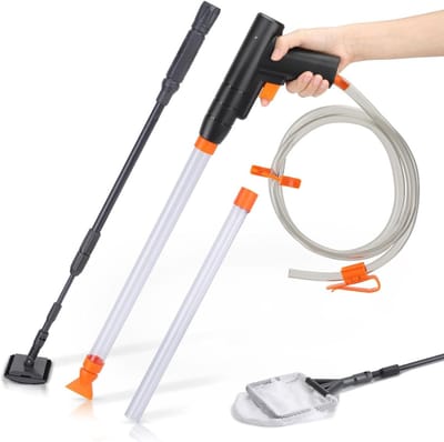 TIM® Aquarium Stofzuiger - Bodemreiniger - Gravel Cleaner – Bodemzuiger - Aquariumstofzuiger - Schoonmaakset Met Toebehoren - Aquarium Reiniging En Schoonmaken – Glasreiniger - Zwart - 44cm x 24cm x 9cm
