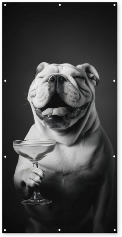 Tuinposter 100x200 cm - Tuindecoratie Buldog - Hond - Glas - Poster voor in de tuin - Buiten decoratie - Schutting tuinschilderij - Tuindoek muurdecoratie - Wanddecoratie balkondoek
