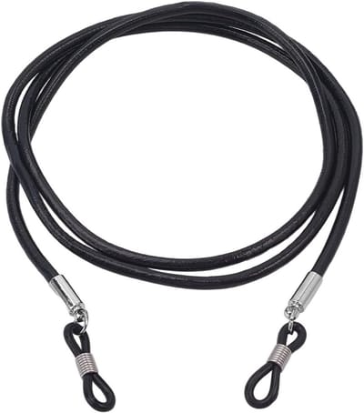 Ronde leren brillenhouder met koord voor mannen en vrouwen, universele brillenstrap, zwart, ideaal voor zonnebrillen en leesbrillen