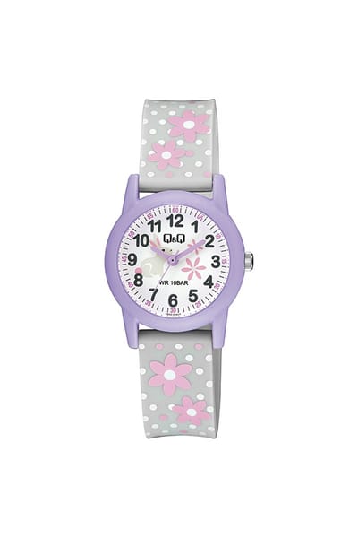 Q&Q V22A-004VY - Horloge - Sport - Analoog - Kinderen - Unisex - Plastic band - Rond - Kunststof - Cijfers - Bloemen - Stippen - Konijn - Paars - Grijs - Wit - Roze - 10 ATM