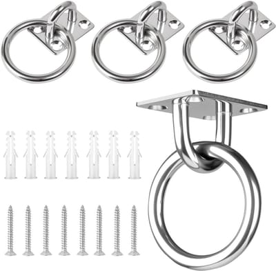 EGoods - Roestvrij stalen oogplaat met ring, 4 stuks | 40 x 50 mm | Metalen bevestigingsring | Plafondhaak inclusief schroeven en spreidbuis | Bevestigingshaken voor hangende voorwerpen, luifels en dekplaten