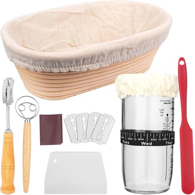 Famanu – Gaarmandje - ovalen rijsmand - 24 oz zuurdeeg - starterpot met datum gemarkeerde voedingsband - broodmand - zuurdeeg starterset voor professionele thuisbakkers