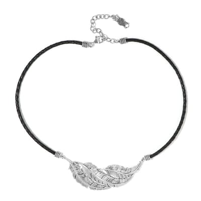 Cavill - Desert Chic Halsketting - Zwart Leer - 925 Sterling Zilver - Veer Hanger 26x78 mm - Verstelbaar 43-50,5 cm - Boho Elegant Design