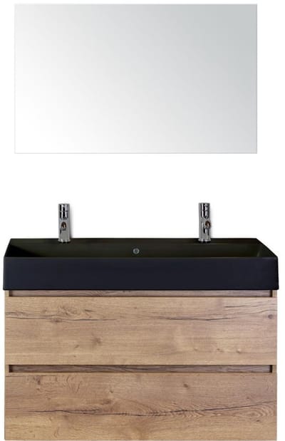 Maxx XL Badmeubelset 100 cm - Natuur Eiken - Wastafel Kube Zwart 2 Kraangaten met Spiegel