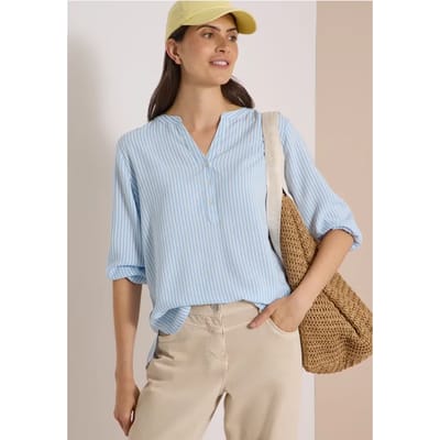 Blouse met 3/4-mouwen, split in de hals en strepen