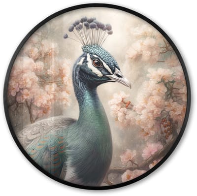 Poster in lijst Rond - Fotolijst 60x60 cm - Posters - Pauw - Vogels - Bloemen - Boom - Botanisch - Ronde posterlijst zwart - Decoratie - Wanddecoratie woonkamer - Muurdecoratie slaapkamer