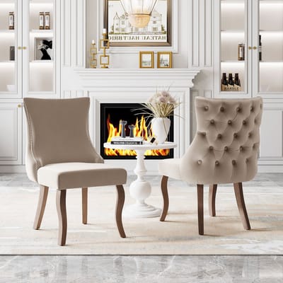 Gutent Eetkamerstoel, Beige(set van 2), Stoel met vier poten, Beige Fluwelen eetkamerstoel met knoopstiksels, massief houten frame