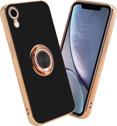 Cadorabo Hoesje geschikt voor Apple iPhone XR in Glossy Zwart - Goud met ring - Beschermhoes van flexibel TPU-silicone Case Cover met camerabescherming en magnetische autohouder