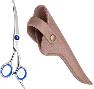Professionele Hondenschaar – Ergonomische Kromme Trimschaar Links – Blauw – Voor Vacht- & Pootverzorging van Langharige Honden – Inclusief Luxe Lederen Etui – 16,5 cm – Brons