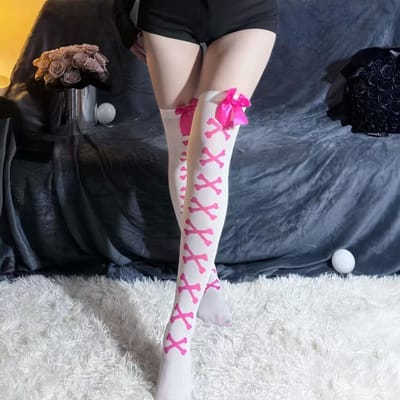 Nieuwe Halloween Sokken Dames Kruis Roze Strik Contrasterende Kleur Kniehoge Sokken Sexy Lingerie Zachte Warme Fluwelen Sokken one size gray