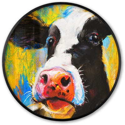 Poster in lijst Rond - Fotolijst 60x60 cm - Posters - Schilderij - Olieverf - Koe - Dieren - Ronde posterlijst zwart - Decoratie - Wanddecoratie woonkamer - Muurdecoratie slaapkamer