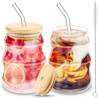 Dailygoods - Set van 2 IJskoffiebekers met Bamboe Deksel en Glazen Rietjes