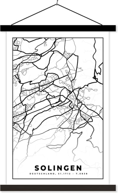 Posterhanger incl. Poster 40x60 cm - Schoolplaat - Solingen - Plattegrond - Kaart - Stadskaart - Textielposter - Zwarte latten - Stadskaart