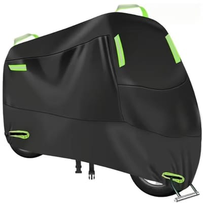 Motorhoes, 190T regenhoes, verdikte zon- en regenbescherming, XXL (geschikt voor lichaamslengte onder de 2,1 meter), zwart (met groene reflecterende strepen).