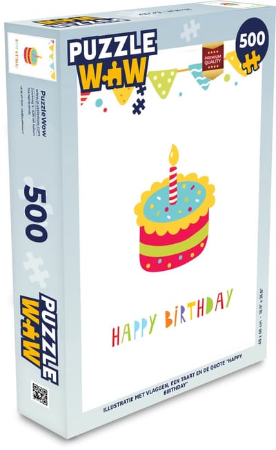Puzzel Illustratie met vlaggen, een taart en de quote "Happy birthday" - Legpuzzel - Puzzel 500 stukjes