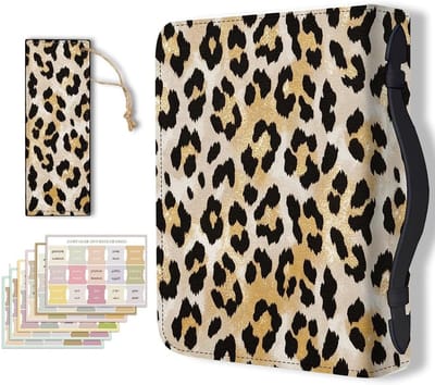 Leopard Bible Cover met Gouden Print - PU Leren Bijbeltas met Bookmark en Draagriem voor Christelijke Notities - Ideaal voor Vrouwen en Mannen, 8 x 11 x 2.3 inch