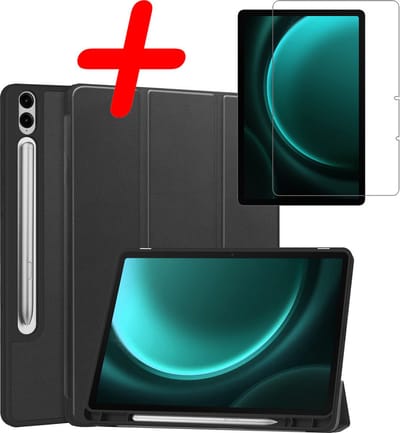 Hoesje Geschikt voor Samsung Galaxy Tab S9 FE Plus - Met Screenprotector - Trifold Bookcase - Hard Cover Case - Met Uitsparing Geschikt voor S Pen - Hardcover Book - Tablet Hoes - Zwart