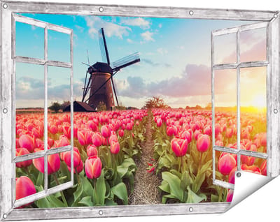 Gards Tuinposter Doorkijk Roze Tulpen Bloemenveld - met Windmolen - 120x80 cm - Tuindoek - Tuindecoratie - Wanddecoratie buiten - Tuinschilderij