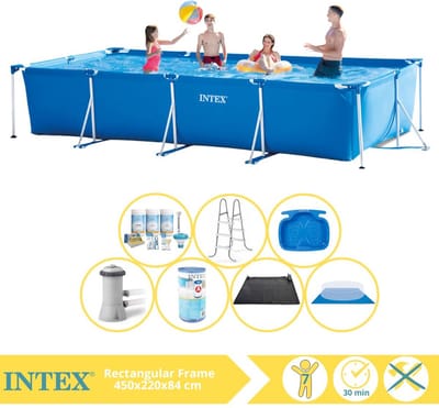 Intex Rechthoekig Frame Zwembad - 450 x 220 x 84 cm - Blauw - Inclusief Onderhoudspakket - Zwembadfilterpomp - Filter - Grondzeil - Solar Mat - Ladder - Voetenbad - 8-delig