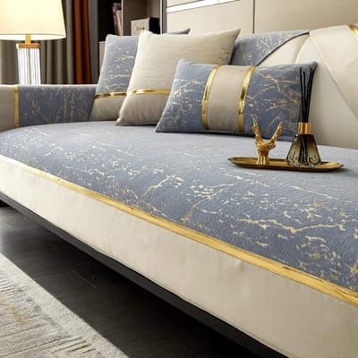 Vier Seizoenen Universele Chenille Bankhoes Bankkussen Gouden Lijn Gestreept Bankmat voor Woonkamer Antislip L-vormig Bankkussen 70x70cm 1pcs