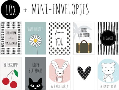 10x Minikaartjes + Mini-envelopjes | COLORFUL LITTLE CARDS | set kleine kaartjes met kraft enveloppen | o.a. happy birthday + van harte + beterschap
