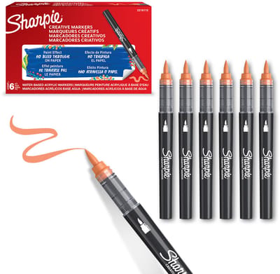 Sharpie Creative Marker Acrylverfmarkers | Brushtip | Verfmarkers op waterbasis | Inkt loopt niet door en geschikt voor de meeste oppervlakken | Oranje | 6 stuks
