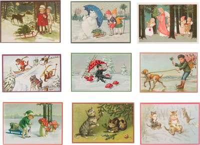 Nostalgische kerstkaarten - 9 stuks - Klassieke Vintage afbeeldingen - Winter - Sneeuw - Feestelijk - Jaarwisseling - Oude Brocante kerstkaarten
