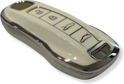 Sleutelcover voor Porsche, Cayenne, Panamera, Boxster Macan, 911, Sleutelhoesje, Key Case for Porsche, Autosleutel Hoesje Geschikt Voor Porsche, Wit - Zilver