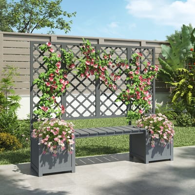 Wishdor - Plantenbak Met Klimrek En Zitbank - Massief Vurenhout - Grijs - 169 x 145 x 42 cm