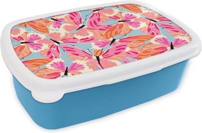 Broodtrommel Blauw - Lunchbox - Brooddoos - Vlinders - Vliegen - Patronen - 18x12x6 cm - Kinderen - Jongen