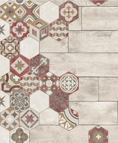 Reflets hout/mozaiek beige/rood hout combi (vliesbehang, multicolor)