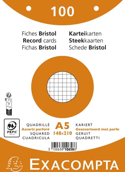 Exacompta 10x Pak 100 steekkaarten in folie - bristol geruit 5x5 geperforeerd - 148x210mm - Geassorteerd - 10658E