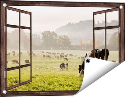 Gards Tuinposter Doorkijk Zwart Witte Koeien in de Wei - 60x40 cm - Tuindoek - Tuindecoratie - Wanddecoratie buiten - Tuinschilderij