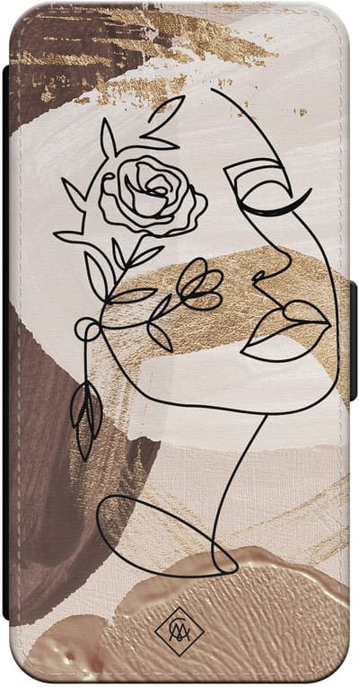 Casimoda® bookcase - Geschikt voor iPhone 16 Pro - Hoesje met pasjeshouder - Abstract Gezicht Bruin - Bruin/beige - Kunstleer