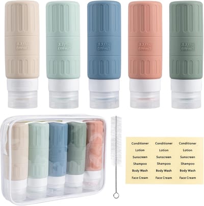 Famanu – Siliconen reisflessen – 5 stuks van 100 ml – Navulbaar en lekvrij – Geschikt voor shampoo - douchegel en cosmetica