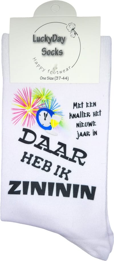 Zininin - Nieuwjaar Sokken - Oud en nieuw - Vuurwerk - Verjaardags cadeau vrouw en man - vrolijke sokken - Valentijns cadeau - Witte sokken met tekst - grappige sokken - leuke dames en heren sokken - moederdag - vaderdag