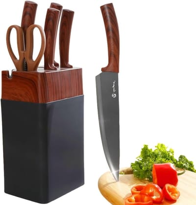 7-delige Set van Hoogwaardige RVS Keukenmessen met Ergonomische Handvatten en Messenset Blok voor Professionele Koks, Duurzame Keukenaccessoires en Snijgereedschap