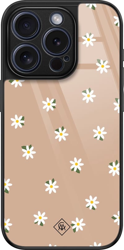 Casimoda® hoesje - Geschikt voor iPhone 15 Pro - Sweet Daisies - Luxe Hard Case Zwart - Backcover telefoonhoesje - Bruin/beige