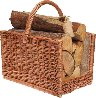 Rieten mand vierkant met handvat | open haard mand voor brandhout | handgeweven en jute bekleed