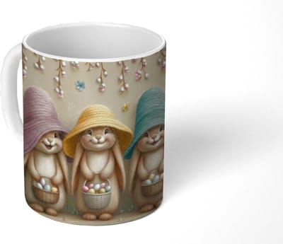 Mok - Koffiemok - Konijntjes - Bloemen - Eieren - Hoeden - Mokken - 350 ML - Beker - Koffiemokken - Theemok