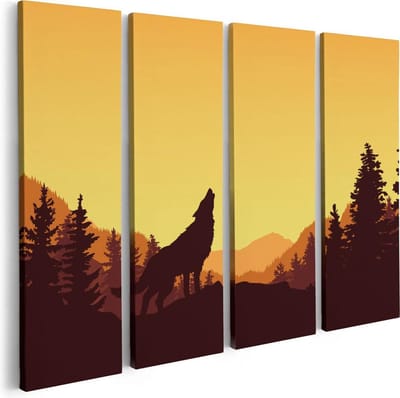 Artaza Canvas Schilderij Vierluik Silhouet Van Een Wolf In Het Bos - Abstract - 80x60 - Foto Op Canvas - Canvas Print
