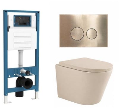 QeramiQ Dely Toiletset - inbouwreservoir Qeramiq Flush - 35mm zitting - metaal messing geborstelde bedieningsplaat - ronde knoppen - beige