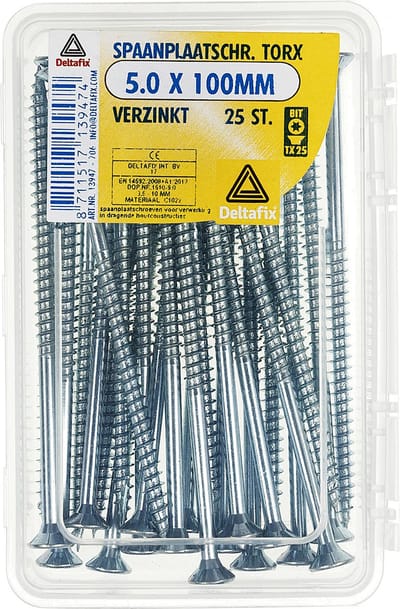 Deltafix spaanplaatschroeven 5,0 x 100 mm - verzinkt - platkop - Torx - Type 17 - 25 stuks