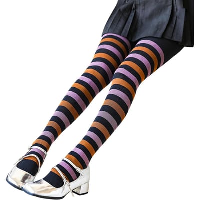 Dames 50D Nylon Brede Gestreepte Ondoorzichtige Panty's Volwassenen Halloween Horizontale Kleurrijke Strepen Panty's Voor Cosplay, En Dagelijks Gebruik One Size black