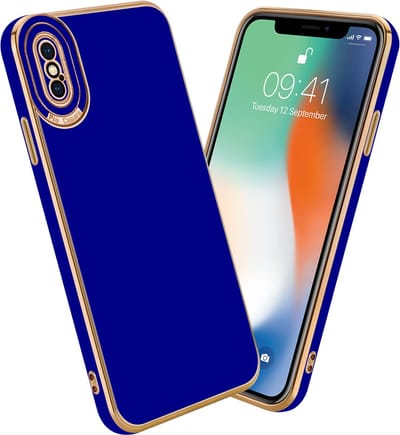 Cadorabo Hoesje geschikt voor Apple iPhone X / XS in Glossy Blauw - Rose Goud - Beschermhoes van flexibel TPU-silicone Case Cover en met camerabescherming