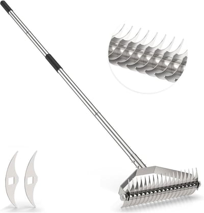 Verticuteerhark Gazon - Tuin hark - Gazon onderhoud - Verstelbare steel - 36 cm breed - Zilver
