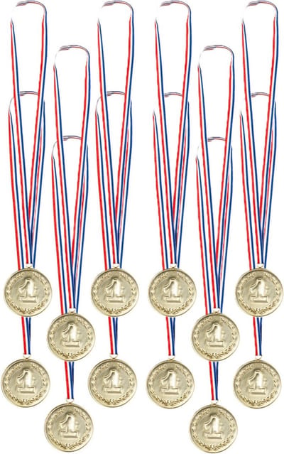 Boland Verkleed medailles met lint - Cijfer 1 - 12x - goud - kunststof - 7.5 cm - speelgoed