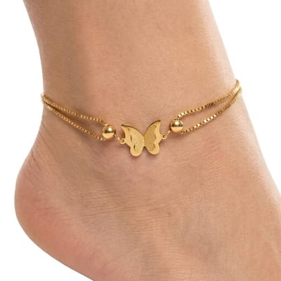 Goudkleurig enkelbandje voor dames met vlinder hanger – dubbele schakel enkelketting – elegante zomerse sieraden
