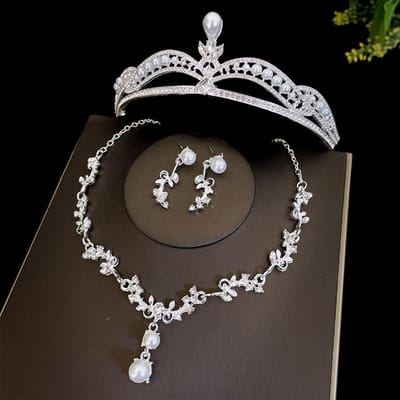 Imitatie Parel Bruidskroon Driedelige Set Bruiloftskroon Tiara Ketting Oorbellen Koreaans Super Fee Bruidsjurk Met black