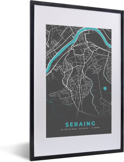 Fotolijst incl. Poster - Stadskaart – Grijs - Kaart – Seraing – België – Plattegrond - 40x60 cm - Posterlijst